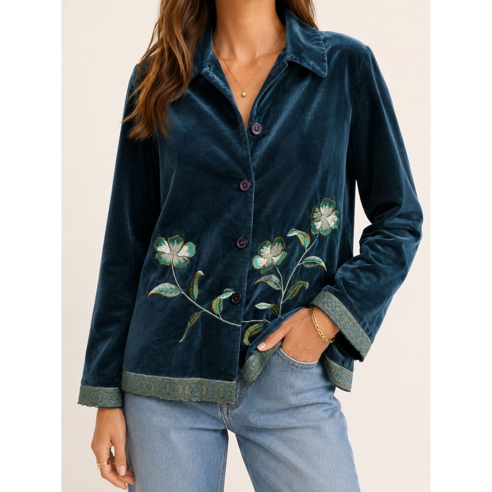 Jessica Holbrook Easycare Velvet Embroidered Floral Jacket L Teal Cottagecore